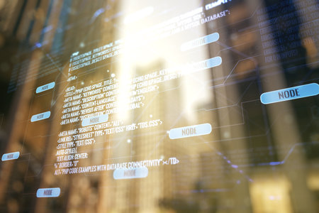 Double exposure of abstract programming language interface on modern skyscrapers background, research and development conceptの写真素材