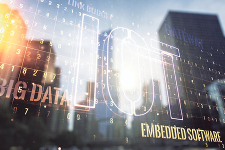 Abstract virtual IOT hologram on blurry cityscape background, internet of things concept. Multiexposureの写真素材