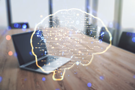 Creative artificial Intelligence concept with human brain sketch on modern computer background. Double exposureの写真素材
