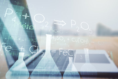 Creative chemistry concept on modern laptop background. Multiexposureの写真素材