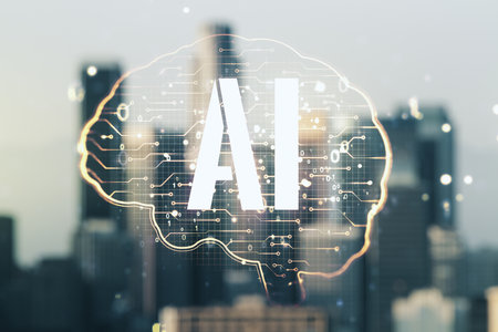 Double exposure of creative artificial Intelligence interface on blurry cityscape background. Neural networks and machine learning conceptの写真素材
