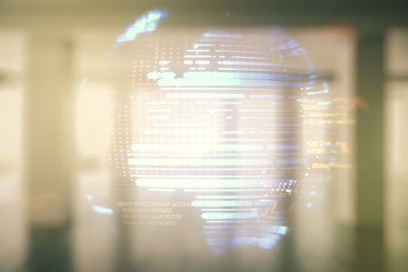 Abstract virtual coding concept and world map hologram on empty corporate office background. Multiexposureの写真素材