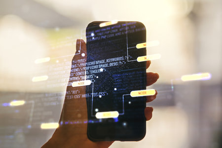 Abstract creative coding concept and hand with phone on background. Multiexposureの写真素材