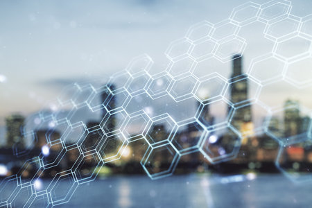 Abstract virtual wireless technology hologram with hexagon on blurry skyscrapers background, artificial intelligence and machine learning concept. Multi exposureの写真素材