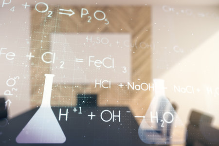 Creative chemistry hologram on a modern boardroom background, pharmaceutical research concept. Multiexposureの写真素材