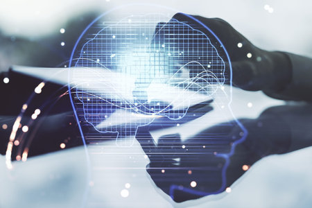 Double exposure of creative artificial Intelligence symbol with finger clicks on a digital tablet on...