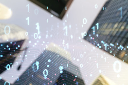 Abstract virtual binary code illustration on office buildings background. Big data and coding...