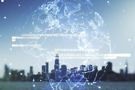Abstract virtual coding concept and world map hologram on San Francisco skyline background. Multiexposureの写真素材