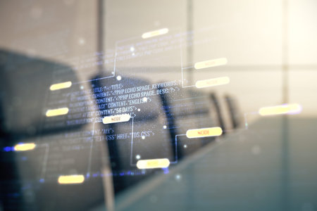 Multi exposure of abstract creative coding sketch on a modern conference room background, artificial...