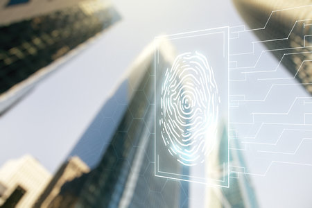 Multi exposure of virtual fingerprint scan interface on blurry cityscape background, digital access conceptの写真素材