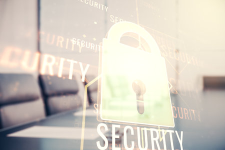 Virtual creative lock sketch with chip hologram on a modern boardroom background, protection of personal data concept. Multiexposureの写真素材