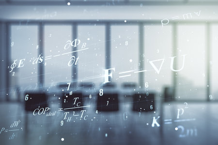 Scientific formula hologram on a modern boardroom background, research concept. Multiexposureの写真素材