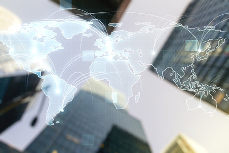 Double exposure of abstract digital world map hologram with connections on blurry cityscape background, big data and blockchain conceptの写真素材