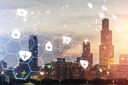 Abstract virtual medical hologram on Chicago cityscape background, online medical consulting concept. Multiexposureの写真素材