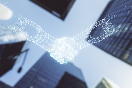 Abstract virtual block chain technology hologram with handshake on modern architecture background, cryptography and decentralization concept. Multi exposureの写真素材