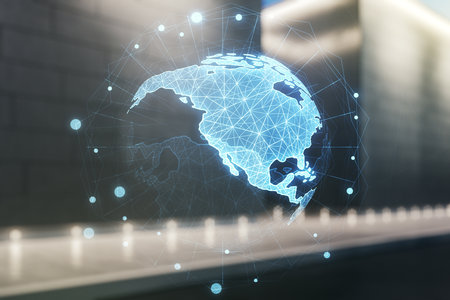 Digital map of North America hologram on blurry contemporary office building background, global technology concept. Multiexposureの写真素材
