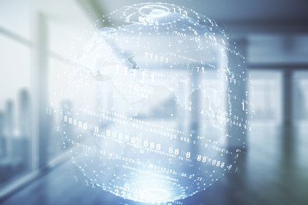 Abstract virtual coding illustration and world map on modern interior background, international software development concept. Multiexposureの写真素材