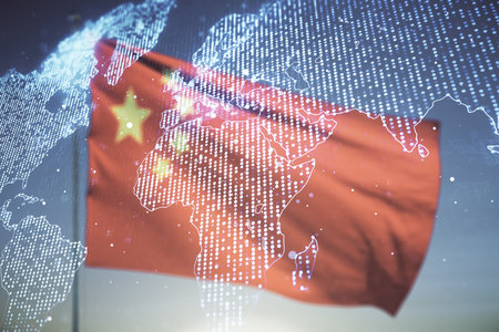 Multi exposure of abstract graphic world map on Chinese flag and sunset sky background, big data and networking conceptの写真素材