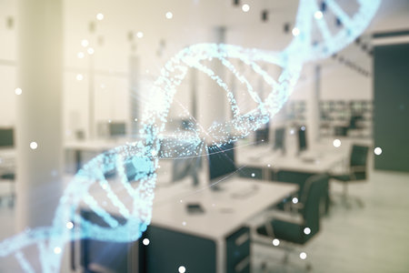 Virtual DNA symbol illustration on a modern furnished office background. Genome research concept. Multiexposureの写真素材