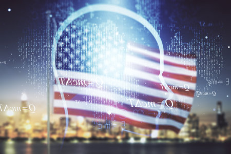 Abstract virtual artificial Intelligence concept with human head sketch on USA flag and blurry skyscrapers background. Double exposureの写真素材