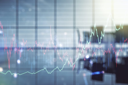 Multi exposure of virtual creative financial chart hologram on a modern meeting room background,...