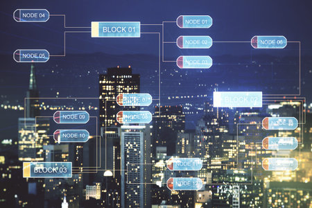 Multi exposure of abstract creative coding sketch on San Francisco city skyline background,...
