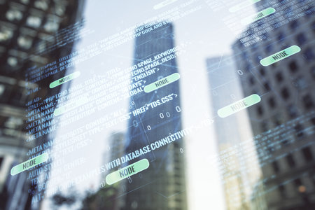 Double exposure of abstract programming language interface on modern skyscrapers background, research and development conceptの写真素材