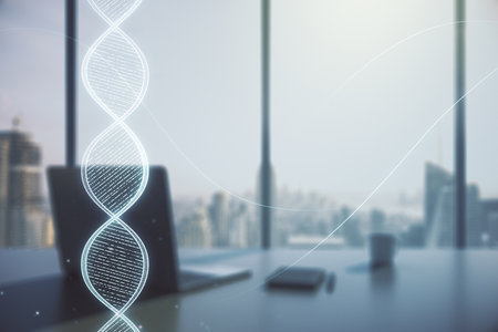 Creative light DNA illustration and modern desktop with pc on background, science and biology concept. Multiexposureの写真素材