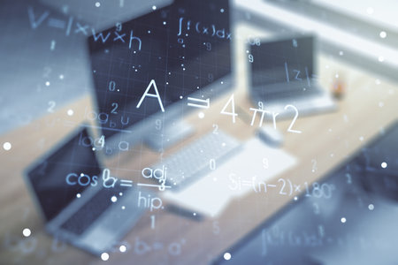 Creative scientific formula concept and modern desktop with computer on background. Multiexposureの写真素材