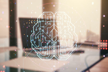 Creative artificial Intelligence concept with human brain hologram on modern laptop background....