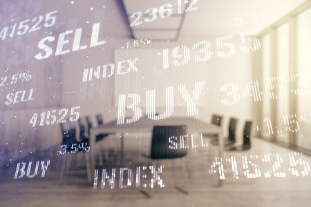 Double exposure of virtual creative financial diagram on a modern boardroom background, banking and accounting conceptの写真素材