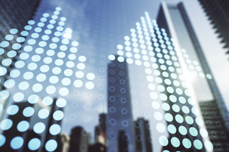 Abstract virtual upward arrows sketch on blurry cityscape background, target and goal concept. Multiexposureの写真素材