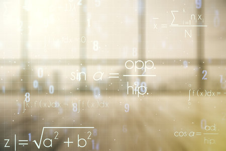 Scientific formula illustration on modern interior background, science and research concept. Multiexposureの写真素材