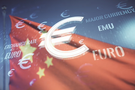 Virtual EURO symbols illustration on Chinese flag and sunset sky background, forex and currency concept. Multiexposureの写真素材