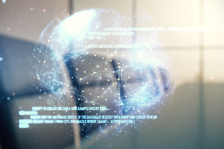 Abstract virtual coding concept and world map hologram on a modern conference room background. Multiexposureの写真素材