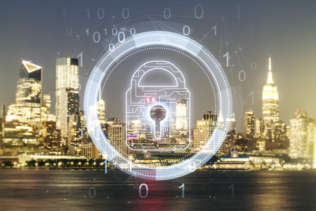 Virtual creative lock symbol and microcircuit illustration on New York city skyline background. Protection and firewall concept. Multiexposureの写真素材