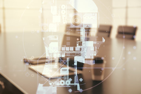 Double exposure of creative human head microcircuit with computer on background. Future technology and AI conceptの写真素材
