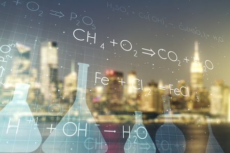 Abstract virtual chemistry illustration on blurry skyscrapers background, science and research concept. Multiexposureの写真素材