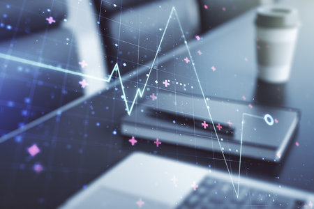 Double exposure of creative abstract heart rate hologram on laptop background. Healthcare technolody conceptの写真素材