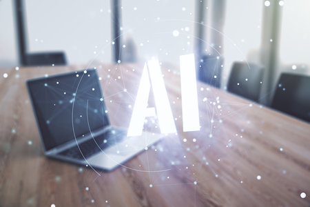 Creative artificial Intelligence symbol concept with modern laptop on background. Multiexposureの写真素材