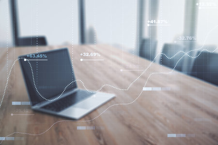 Abstract creative stats data concept on modern laptop background. Multiexposureの写真素材