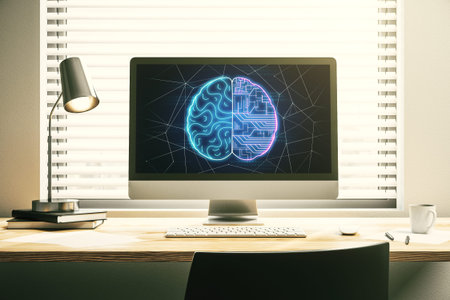 Creative artificial Intelligence concept with human brain hologram on modern laptop screen. 3D...