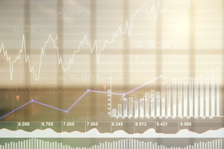 Multi exposure of abstract virtual financial graph hologram on empty corporate office background, forex and investment conceptの写真素材