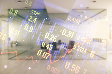 Multi exposure of virtual abstract financial diagram on a modern furnished office interior background, banking and accounting conceptの写真素材