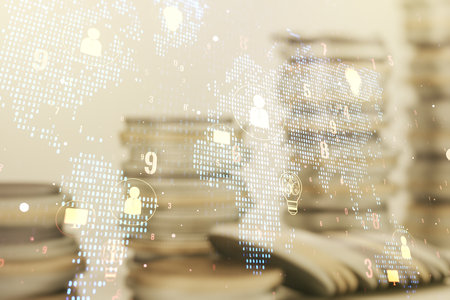 Double exposure of social network icons interface and world map on growing coins stacks background. Networking conceptの写真素材