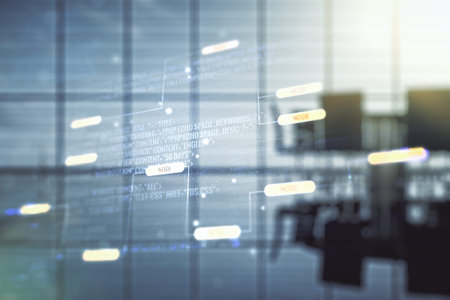 Multi exposure of abstract software development hologram on a modern meeting room background,...