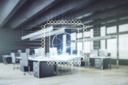 Double exposure of creative artificial Intelligence interface on modern corporate office background....
