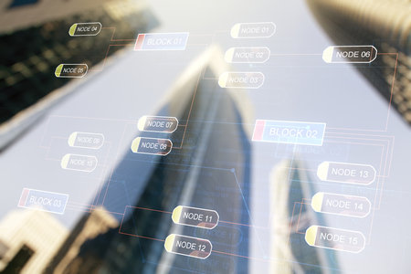 Double exposure of abstract creative programming illustration on blurry cityscape background, big data and blockchain conceptの写真素材