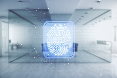 Multi exposure of virtual fingerprint scan interface on a modern furnished office interior background, digital access conceptの写真素材