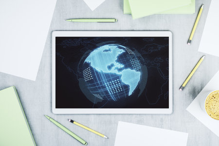 Top view of modern digital tablet monitor with America map, research and strategy concept. 3D Renderingの写真素材